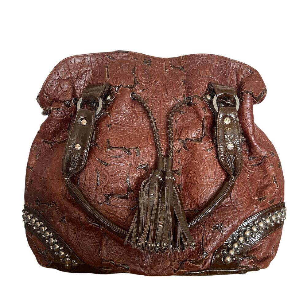 Kippys Brown Glossed Leather Floral Embossed Large Shoulder Bag‎